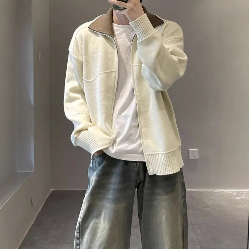 Barne style men's knitted cardigan sweater in apricot with contrast colour panels, loose fit, long sleeves, autumn casual wear
