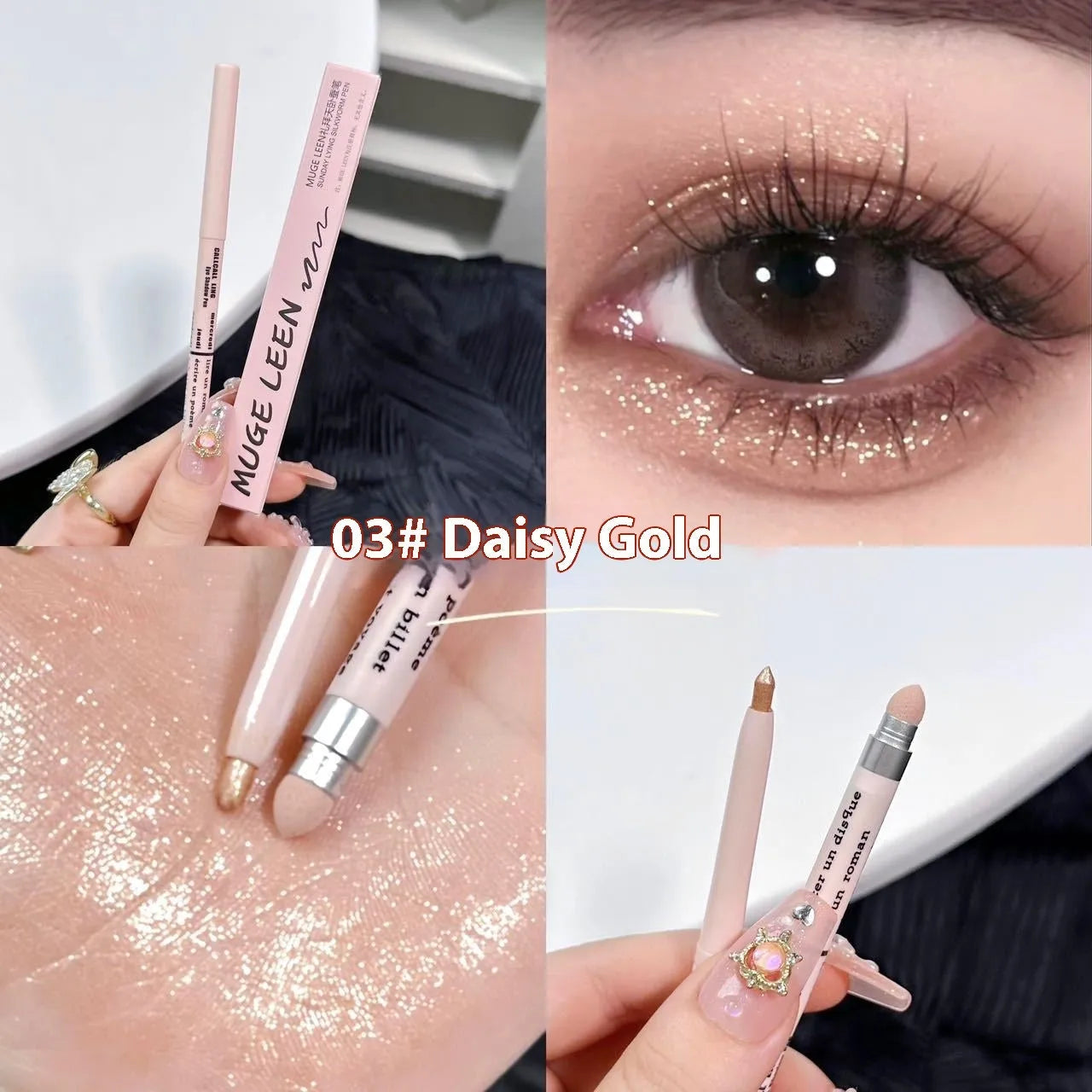 Brightening 2-in-1 waterproof eyeliner pen in gold, pink, purple and other colours.