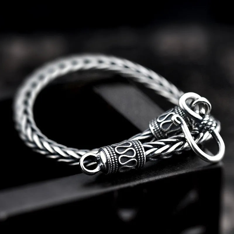Vintage braided keel bracelet for men in 925 silver with wave design and retro finish, photo colour