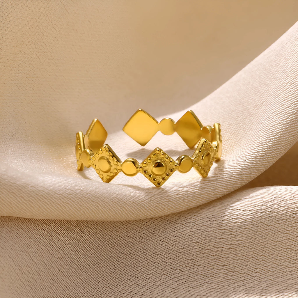 Gold diamond geometric titanium steel women's ring with free size fitting