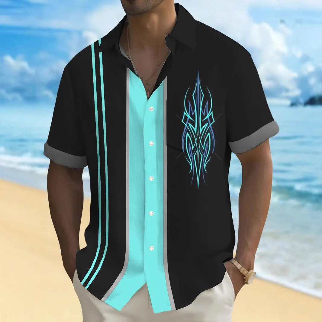 Multicolour printed men's leisure shirt with loose fit cardigan style on hanger