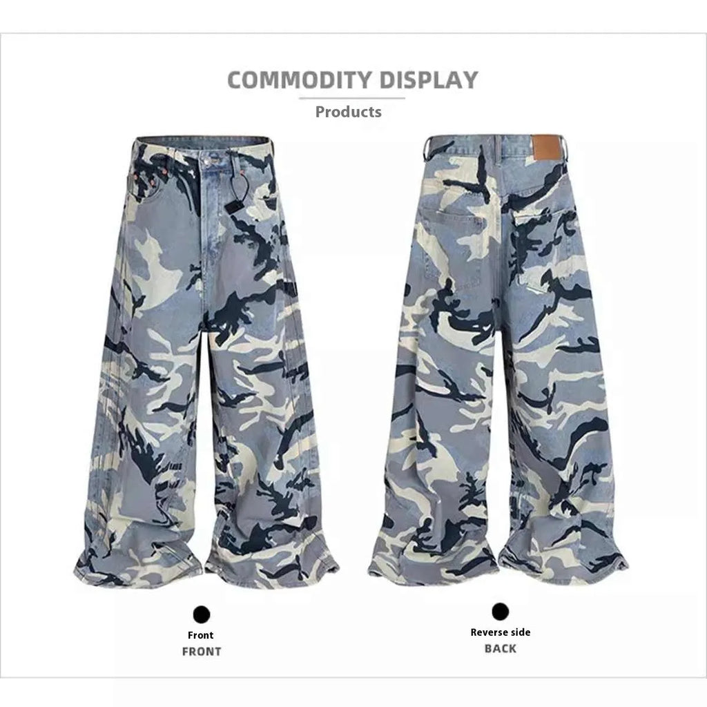 Snow camouflage blue loose fit jeans trousers with cotton elastic denim fabric