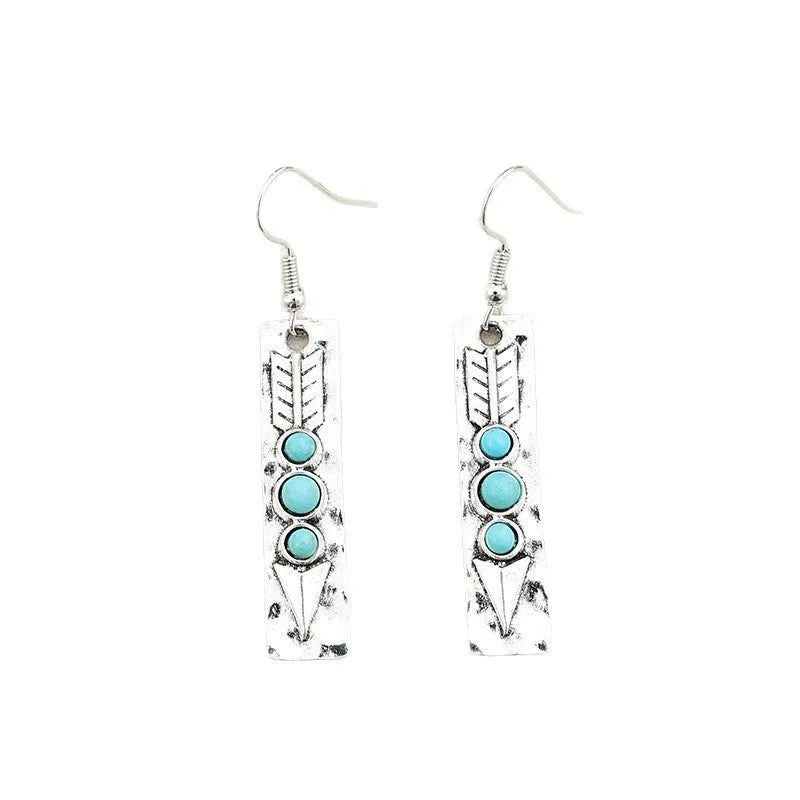 Geometric retro women's earrings with silver electroplated finish and turquoise inlays
