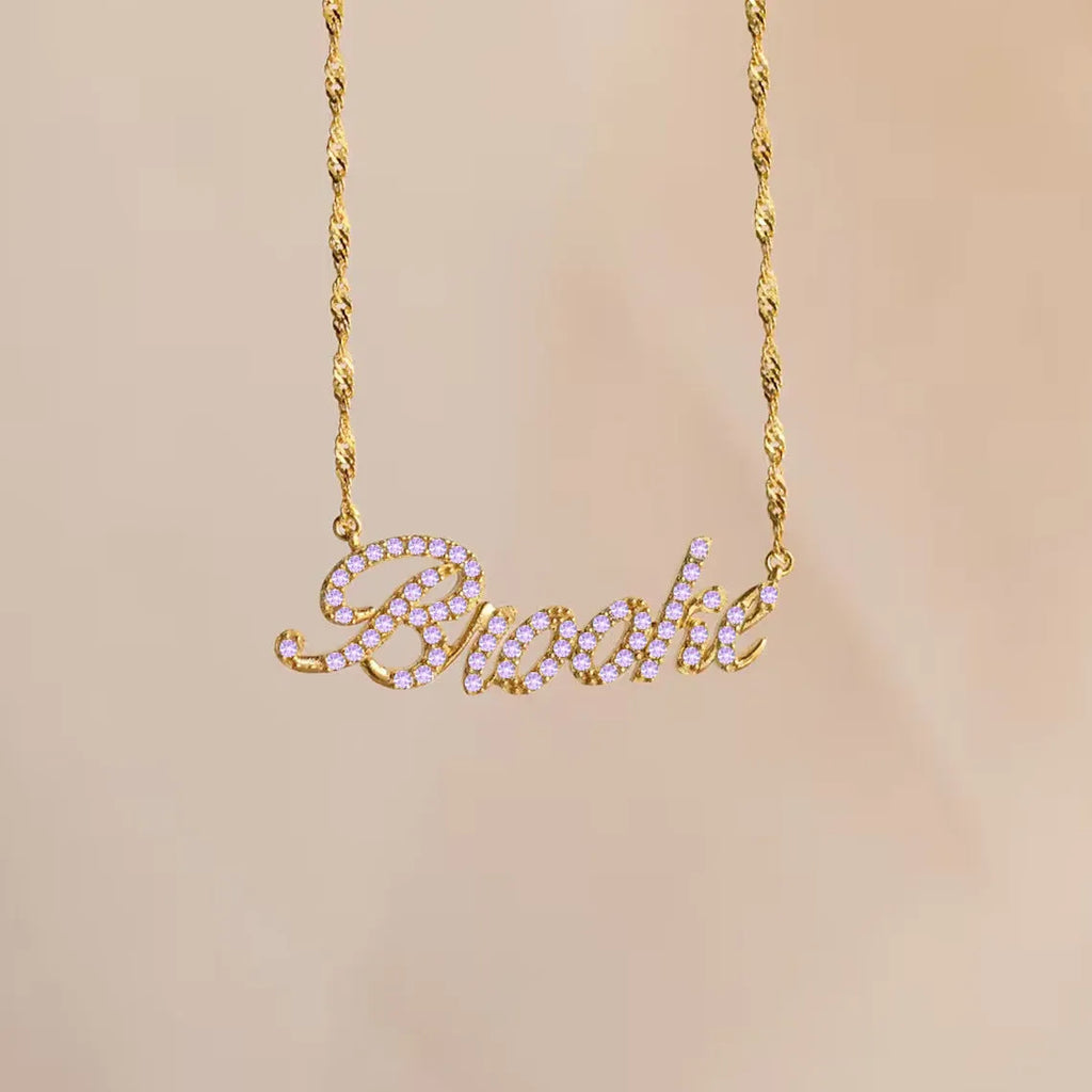 Customised copper geometric name necklace for women in gold finish