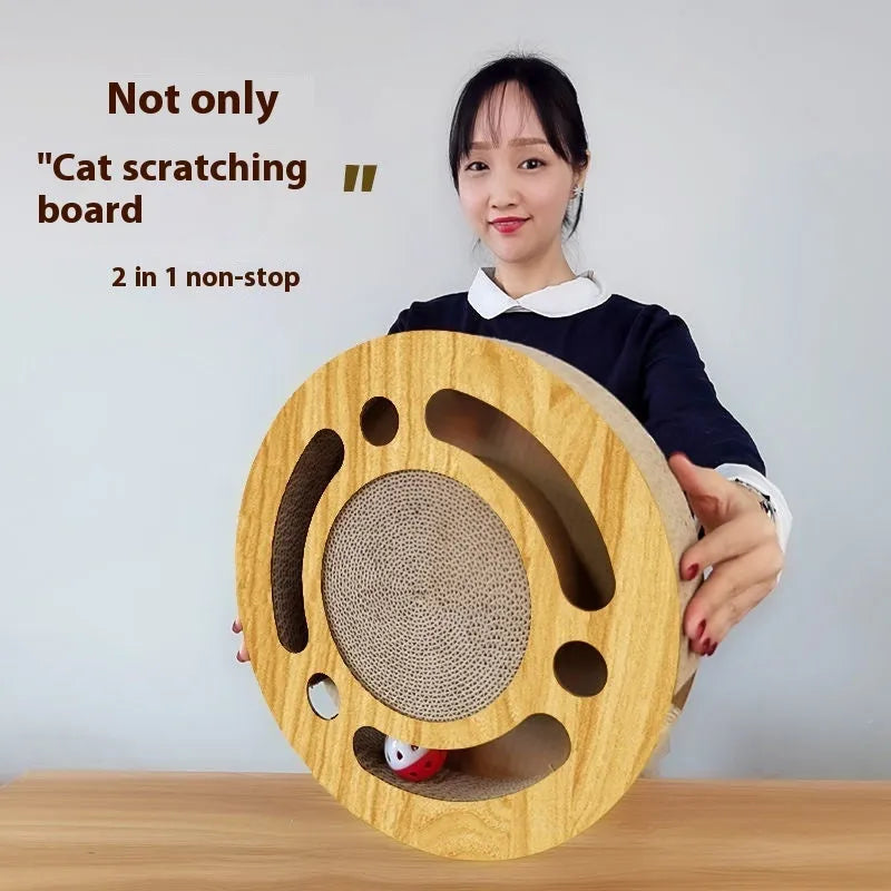 Cat scratching board toy with corrugated paper surface and plastic ball in multiple style options
