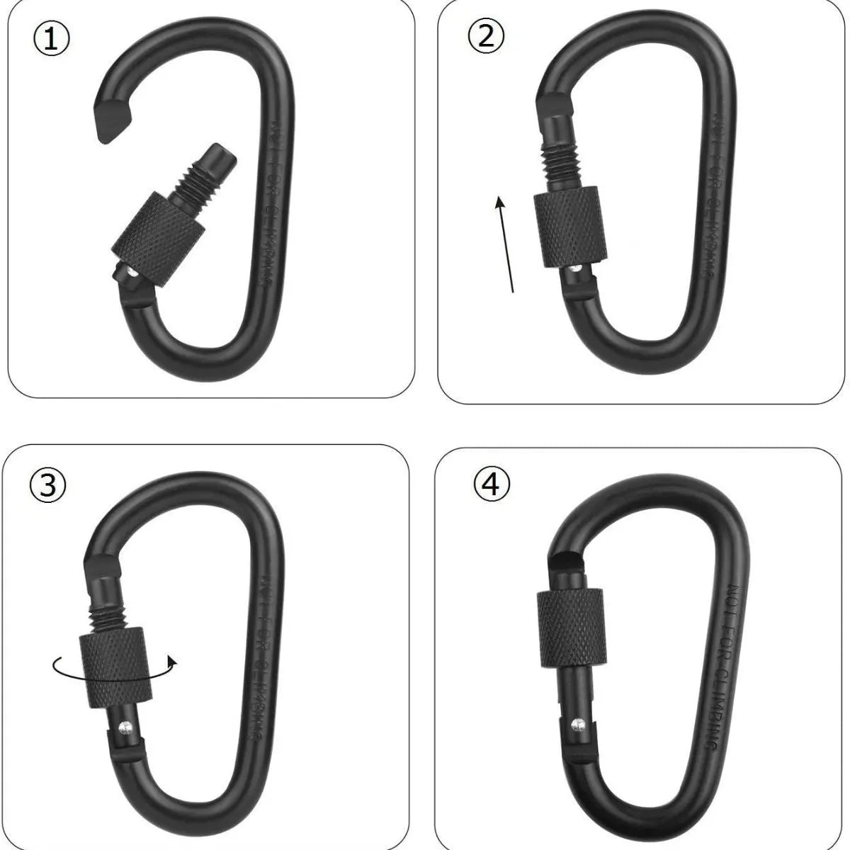 No. 8 D type aluminium carabiner in black 8cm long with gate open