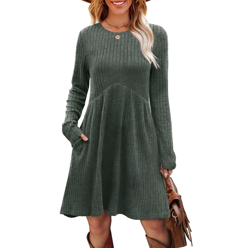 Women's bohemian brushed sunken stripe dress in solid colour, princess mid-length skirt, wide waist, available in multiple colours