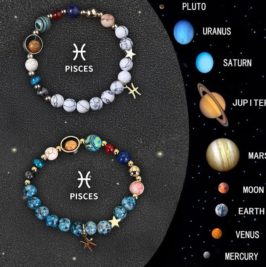 Two natural stone beaded bracelets showing different zodiac sign designs on an adjustable cord.