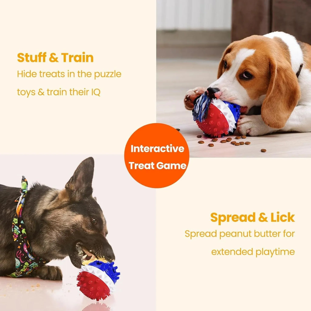 Blue and red TPR rubber squeaky dog ball with treat hole and rope tug.