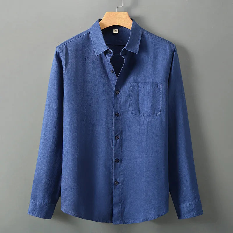 Chinese style linen cardigan shirt with long sleeves in solid colour