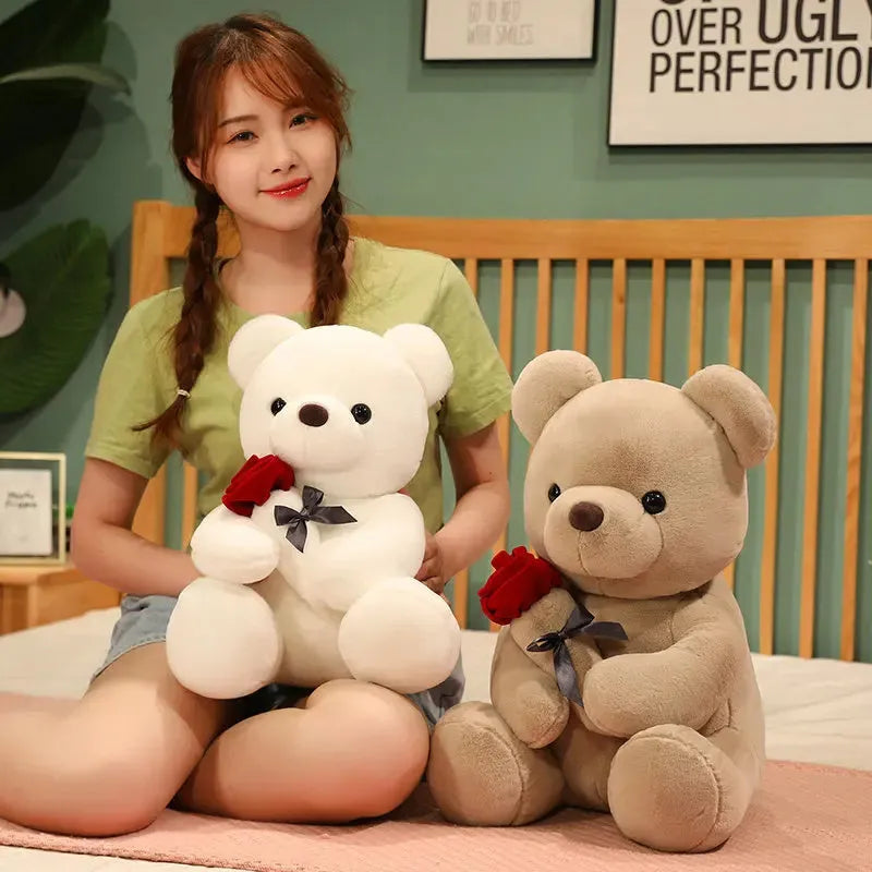 Rose bear plush pillow stuffed animal doll in beige, brown or grey with clear cartoon printing