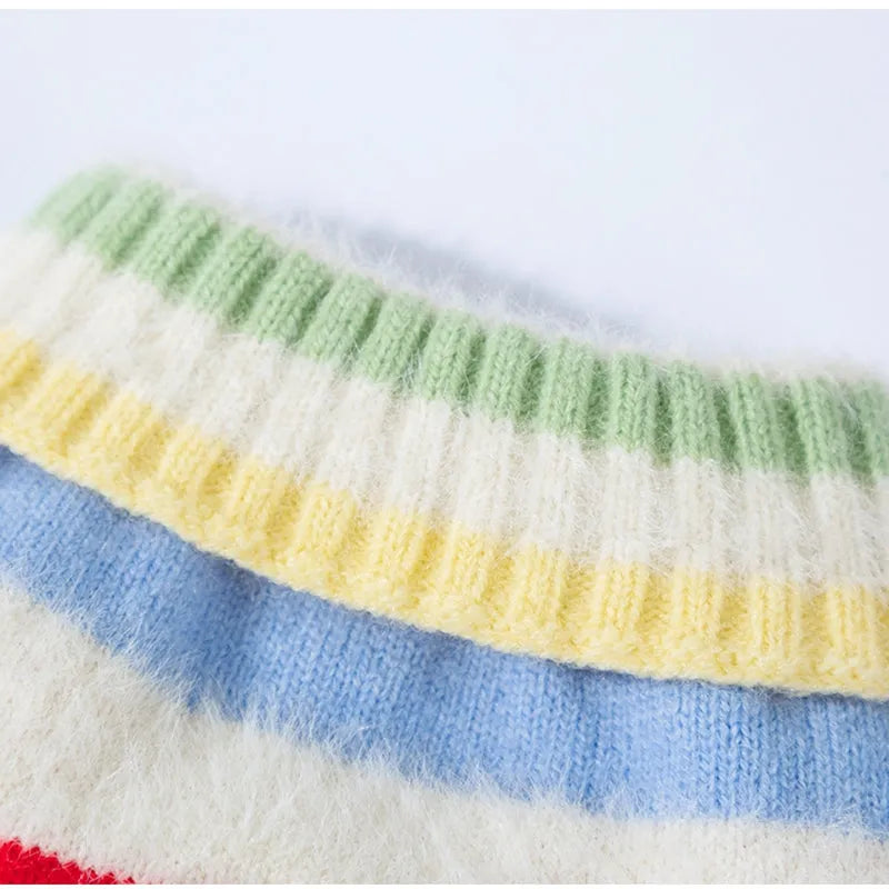Rainbow apple striped knitted dog pullover sweater for Corgis with apple embroidery, brown and white, autumn winter warm wear.