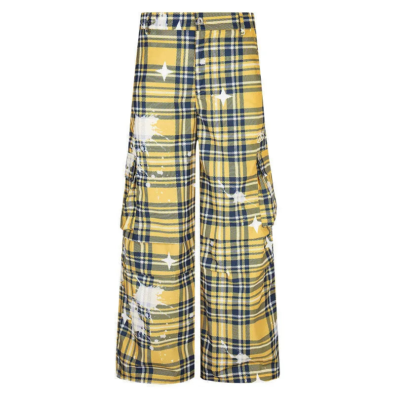 Men's blue retro plaid loose straight-leg casual trousers with mid waist