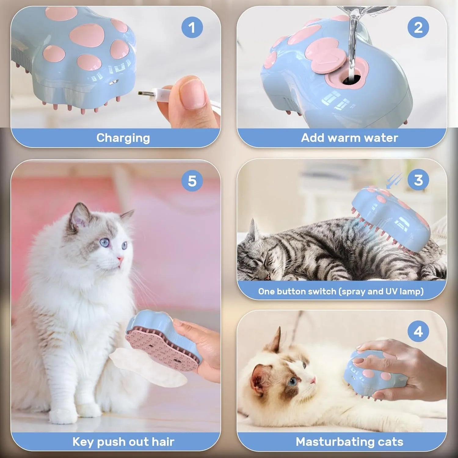 Self-cleaning cat steam brush with silicone brush head and release button for pet grooming