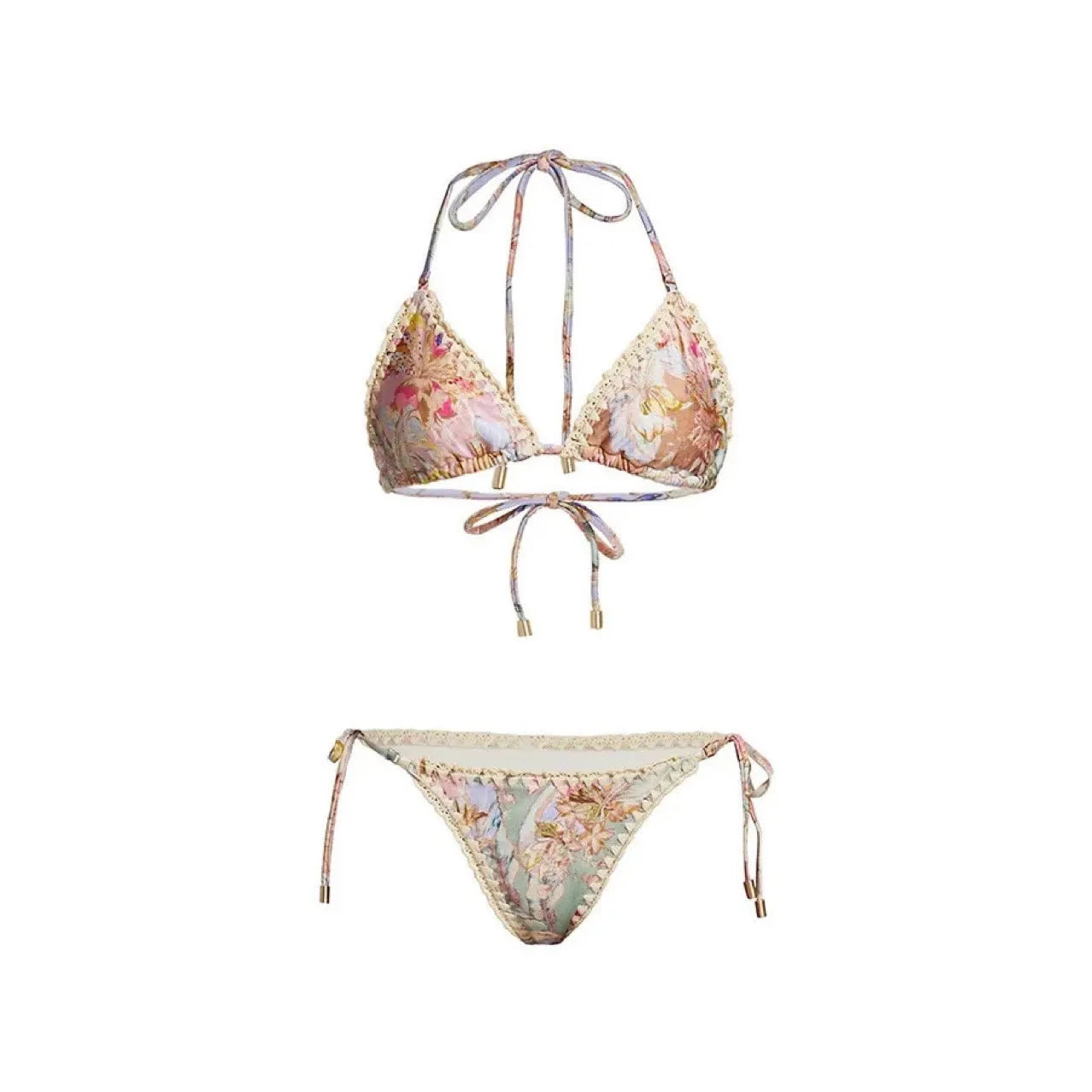 Creamy-white floral women's bikini set with matching skirt on beach