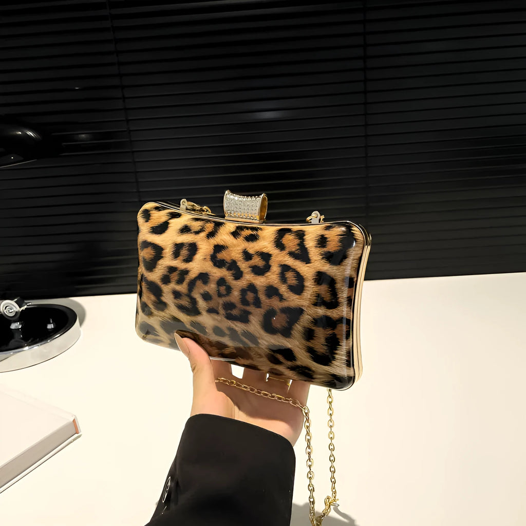 Leopard-print square PU handbag with internal phone pocket, in black and brown colour options
