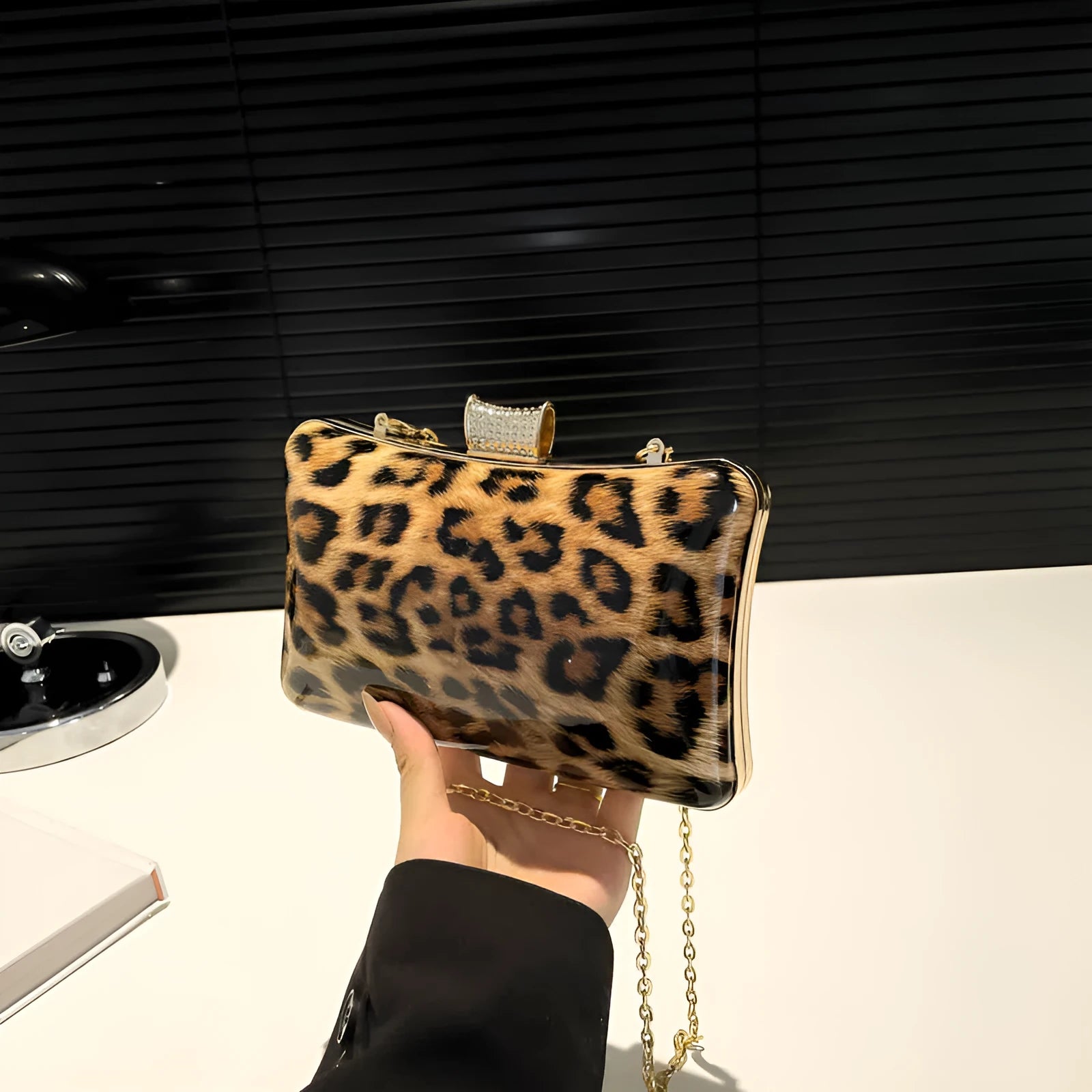 Leopard-print square PU handbag with internal phone pocket, in black and brown colour options