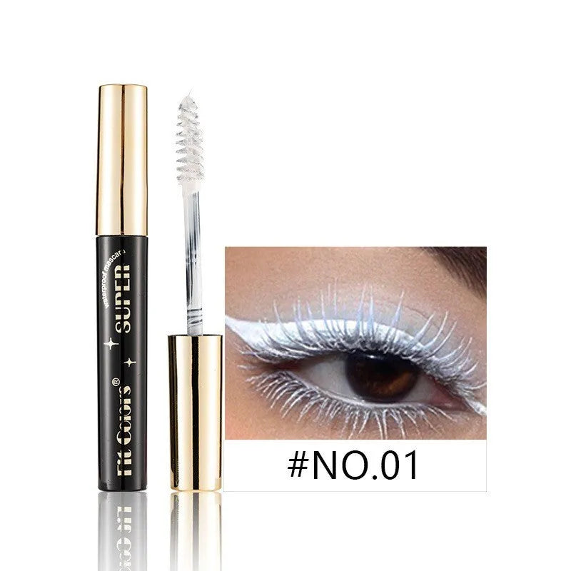 Colourful mascara tube and wand with vibrant shades for dramatic Christmas and stage eye makeup.