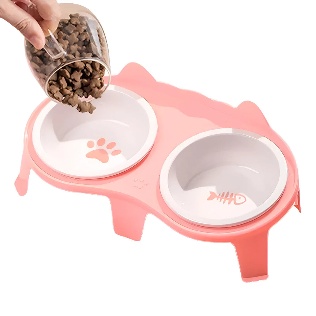 Ceramic cat food and water bowl set with elevated tilted stand in blue, pink, white or yellow