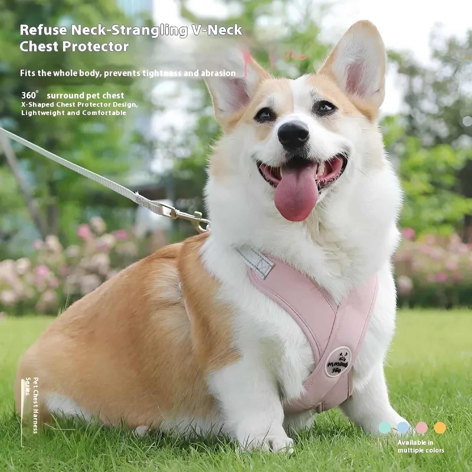 Polyester dog vest and matching hand holding rope leash set in blue, green, pink, or yellow.