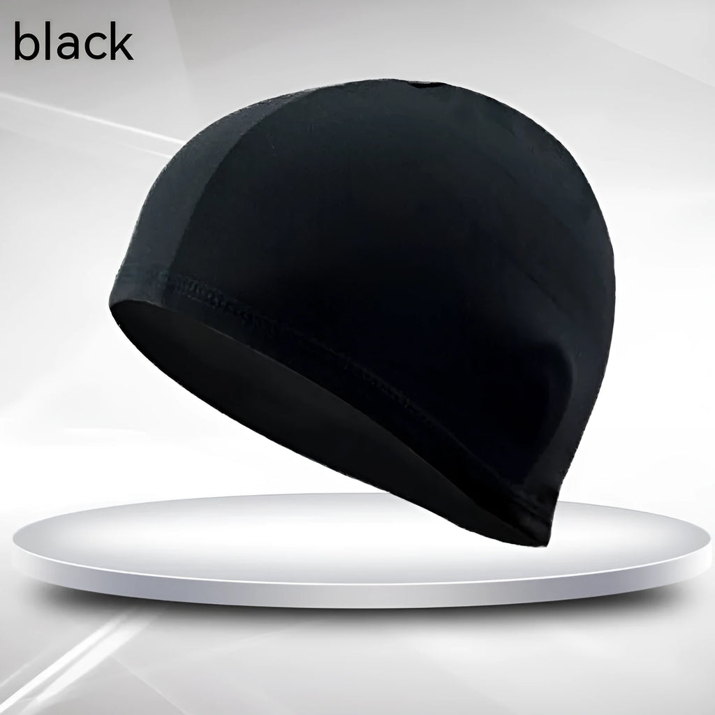 Black polyester cloth swim cap for adult unisex swimming and training