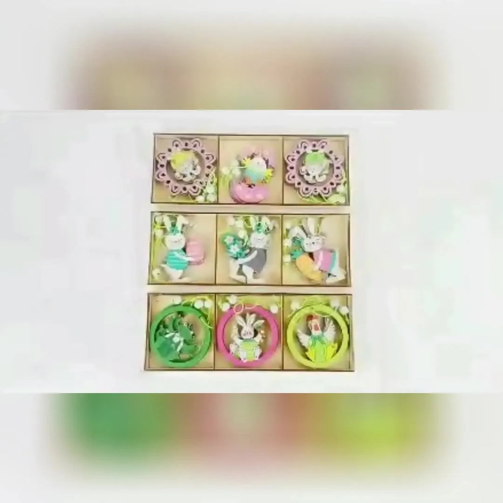Set of 9 painted wooden Easter pendants with bunny, egg, and owl designs on a light background