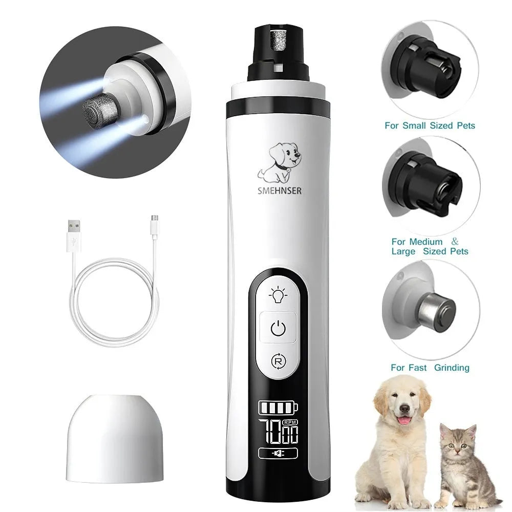 White and grey electric dog nail grinder with LED display showing speed settings and dust collection port