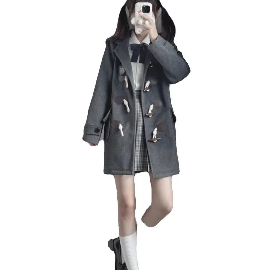 Japanese JK hooded horn button woolen coat in solid colour, loose fit, black, women's overcoat