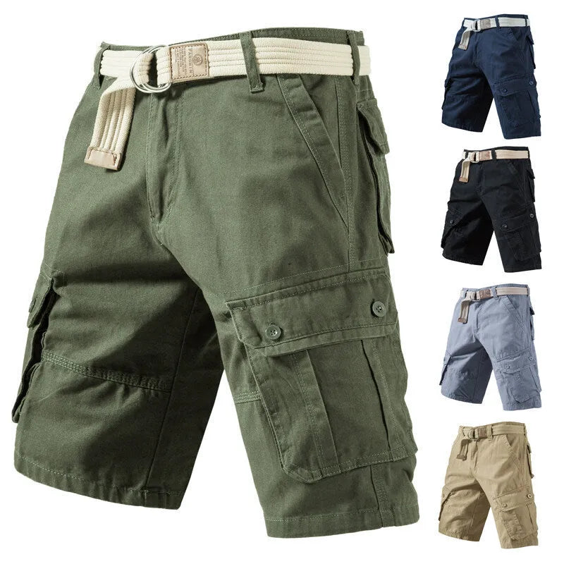 Summer cargo shorts with pockets in solid colour, loose fit cotton fabric, fifth-length style