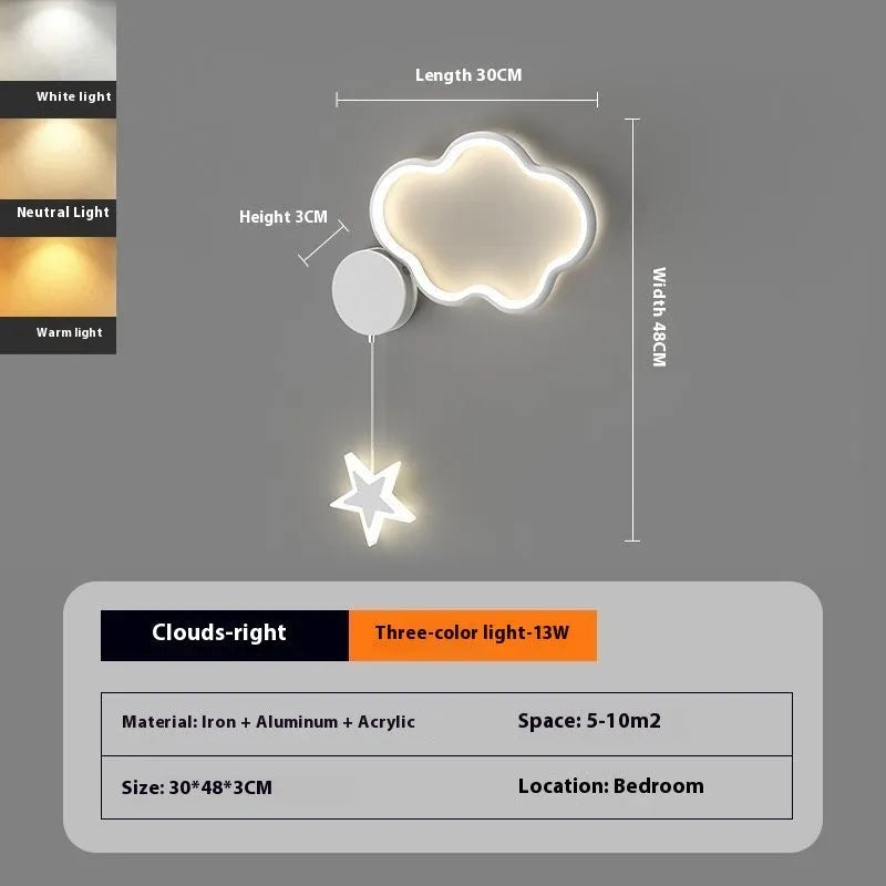 Children's cartoon cloud star wall lamp with LED light in black or white finish