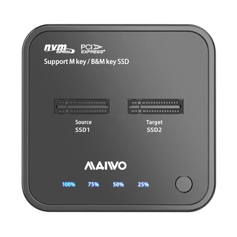 MAIWO K3016 M.2 solid state hard drive dock and copier unit with data cables and UK plug power adapter.