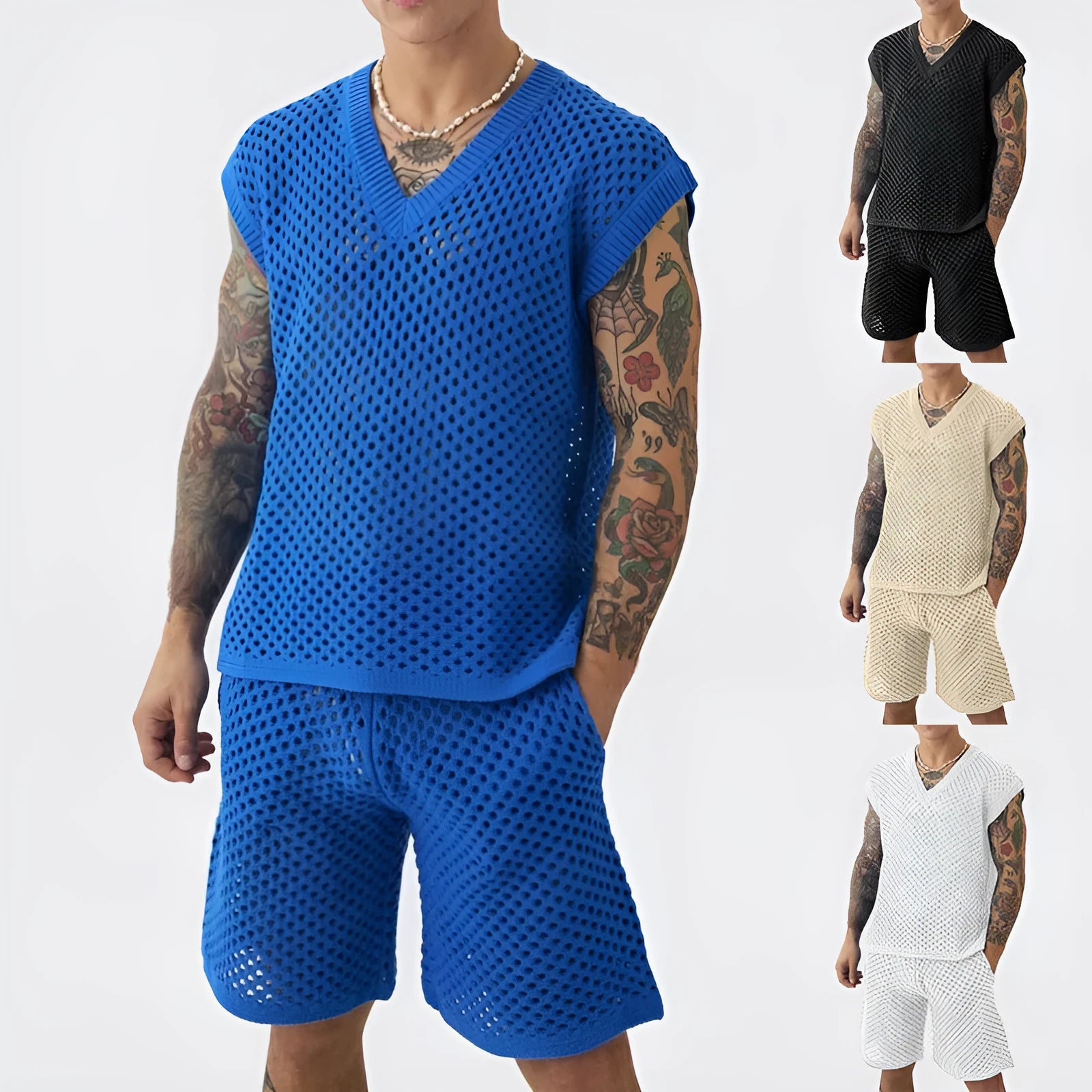 Men's blue V-neck sleeveless vest and matching shorts sports suit on a hanger