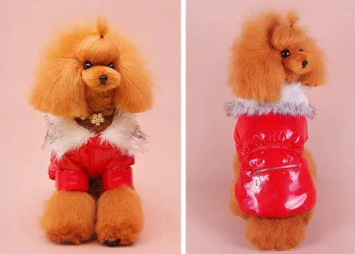 Four-legged fleece-lined thick cotton dog jacket in bright red, size medium, for pet warmth