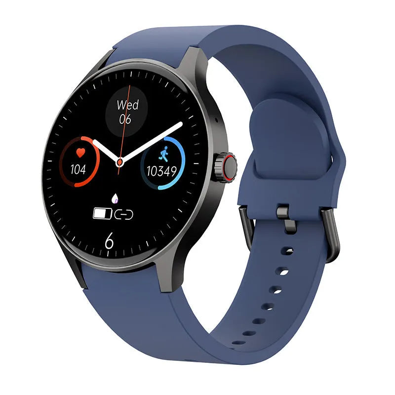Smart watch with blood glucose and heart rate monitoring on a coloured AMOLED screen.