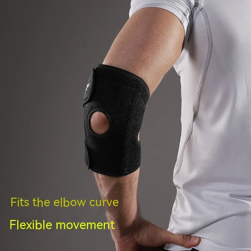 Black adjustable sports elbow guard for badminton, basketball, tennis, and fitness training.