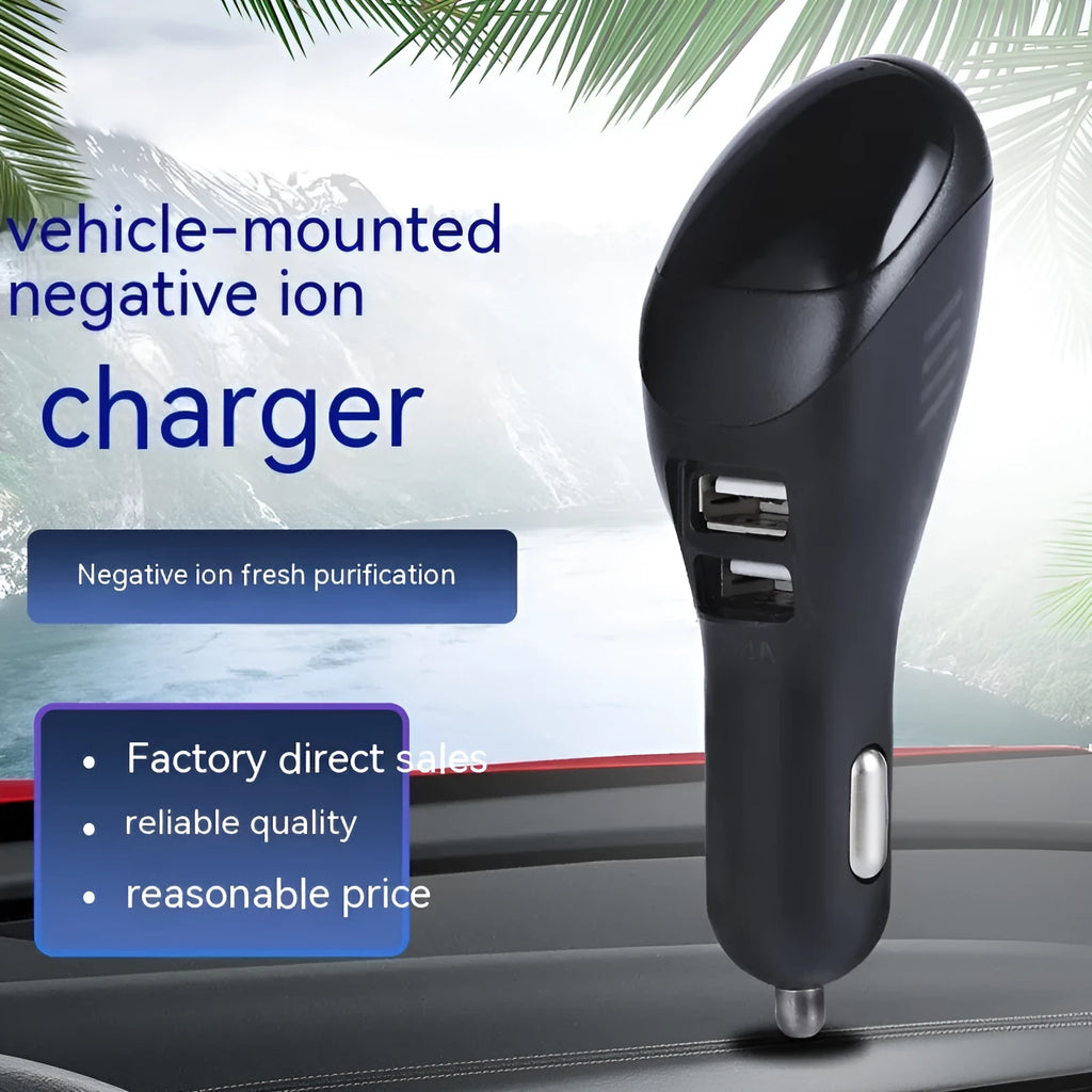White car USB charger with integrated negative ion air purifier for vehicle cigarette lighter socket