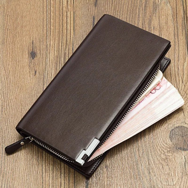 Men's long black PU leather wallet with a zipper, multiple card slots, and RFID protection.