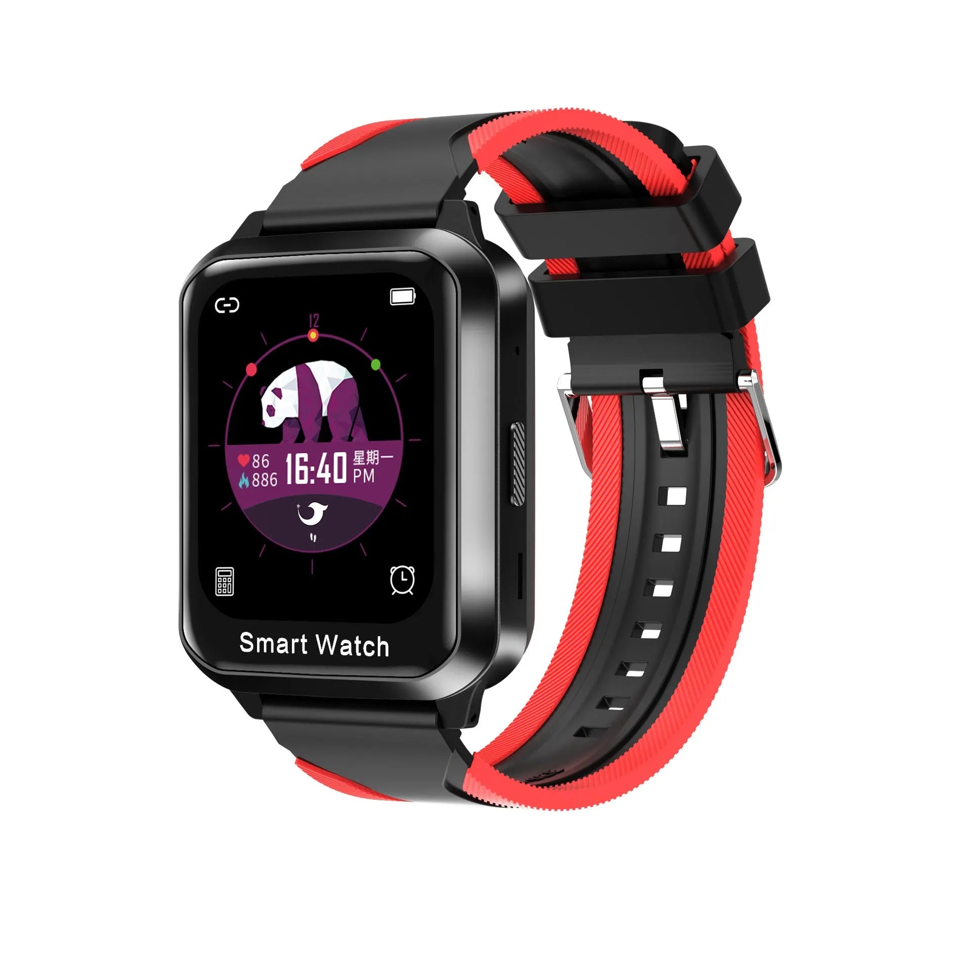 A black smart bracelet with a colour touchscreen displaying a split-screen interface, on a silicone wrist strap.