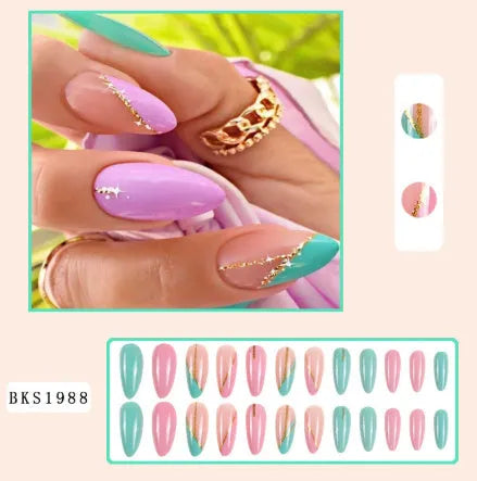 Wear Armour medium almond nail stickers in frosted French leaves, macaron, leopard print, and plating designs.
