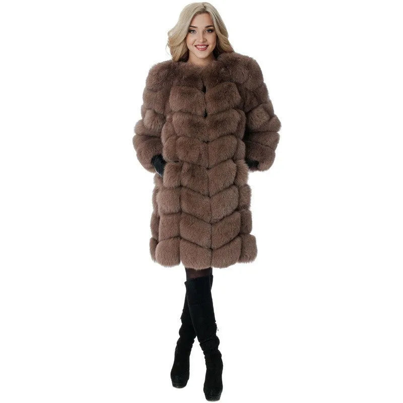 Women's thick artificial fur coat in apricot colour, shown with regular sleeves and 80 cm length