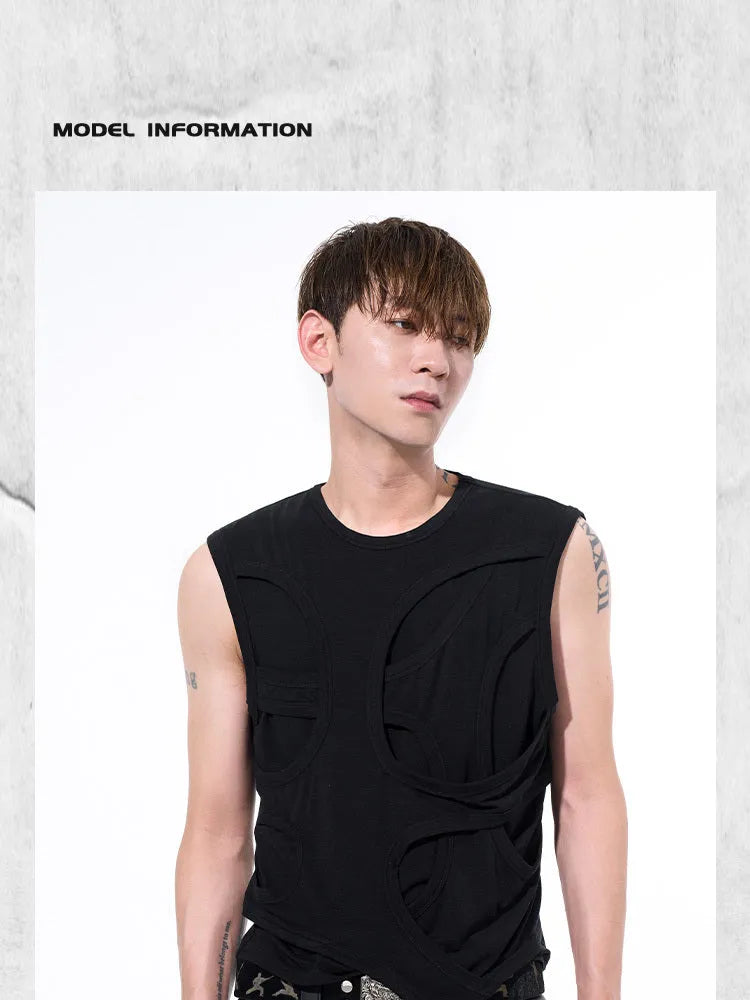 Men's solid colour lyocell vest in black, showing round neck and tank-top style on a hanger.