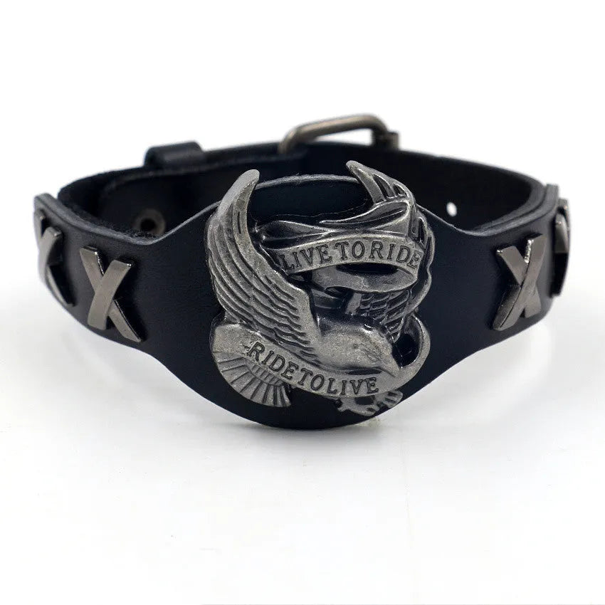 Black geometric leather bracelet with alloy eagle closure, showing adjustable width from 1.7 to 3.8cm