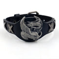 Black geometric leather bracelet with alloy eagle closure, showing adjustable width from 1.7 to 3.8cm