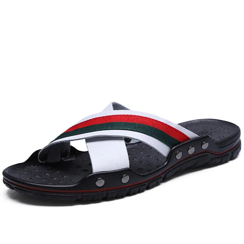 Men's cowhide leather beach sandals with non-slip PU soles in white, blue, and black colours