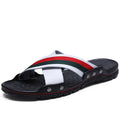 Men's cowhide leather beach sandals with non-slip PU soles in white, blue, and black colours