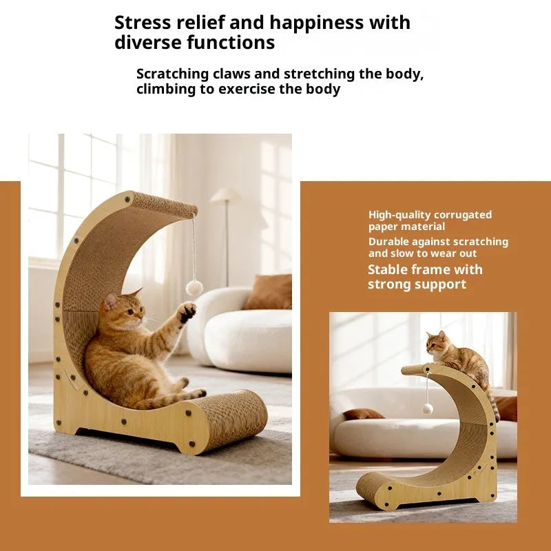 Multi-functional corrugated paper cat scratching board nest climbing frame in arc shape with replacement core, pastoral style, independently packaged.