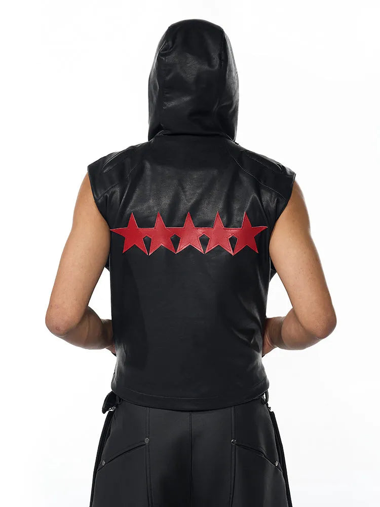 Short hood slim fit PU leather waistcoat in black with five-pointed star motif, men's summer wear