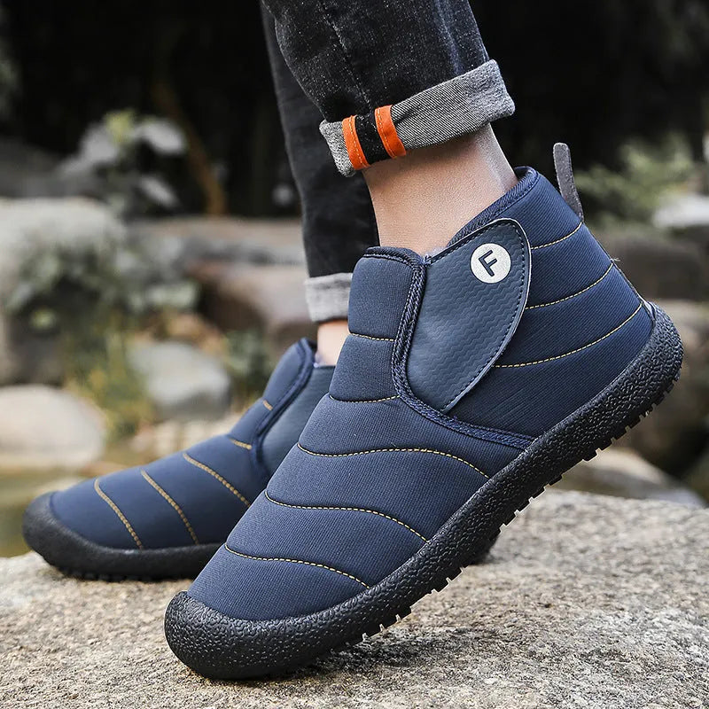 Men's waterproof snow boots with thick cotton upper and non-slip rubber sole in four colour options