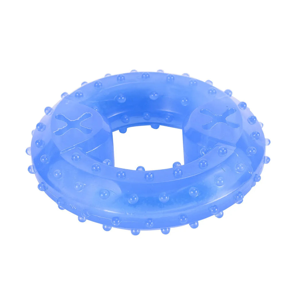 Freezable dog teething toy in bones and circles shapes with treat pocket