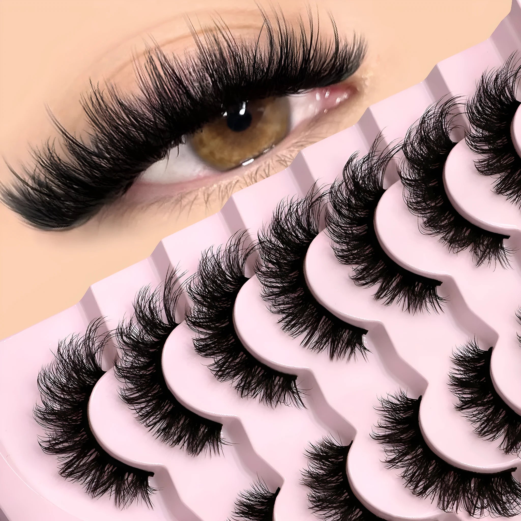 Box of natural long, thick false eyelashes made from artificial fibre with included glue tube.